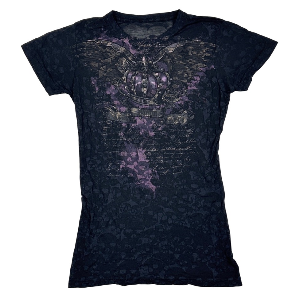 VTG Sinful Affliction Womens S Graphic T-Shirt Sheer Black Burnout Skull Y2K